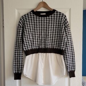 Sioni Brown and Teal Knit Cropped Pullover w Attached Button Down Blouse Bottom